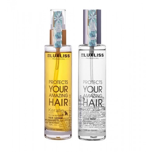 Luxliss кератинові сироватка-масло Protein Replenish Hair Serum та спрей-блиск термозахіст Heat Protecting Shine Mist набір 2x50 мл