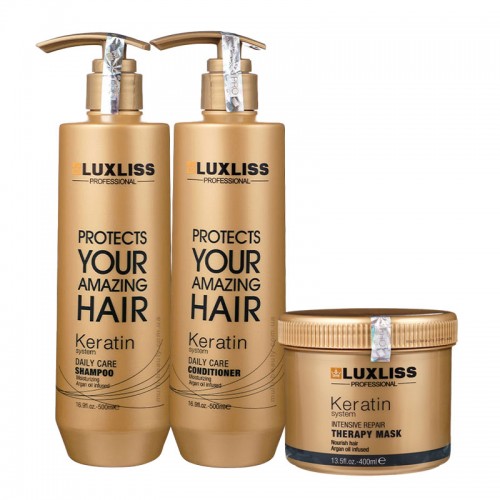 Набір Luxliss Keratin Smoothing Daily Care кератиновий шампунь, кондиціонер та маска для щоденного догляду за волоссям 500/500/400 мл