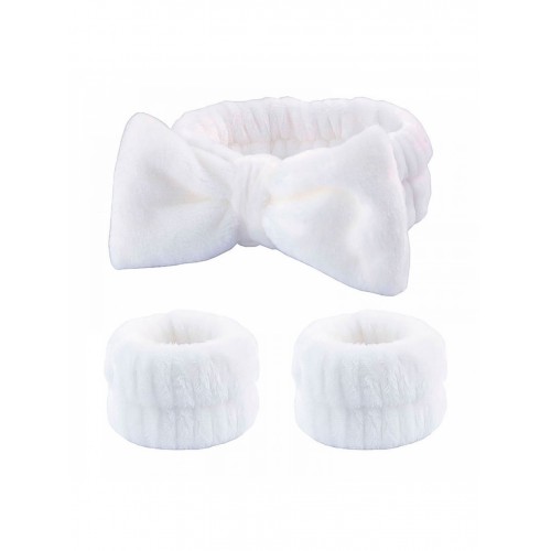 Набір для вмивання косметична пов'язка "Бантик" та напульсники мікрофібра, білий