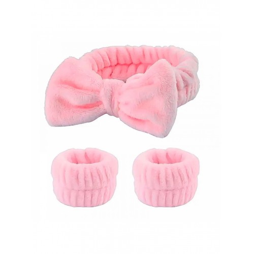 Набір для вмивання косметична пов'язка "Бантик" та напульсники мікрофібра, рожевий