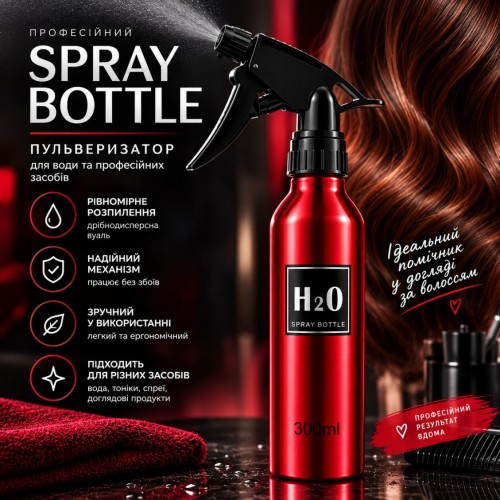 Перукарський пульверизатор Beauty Tools для волосся H2O метал, червоний, 300 мл