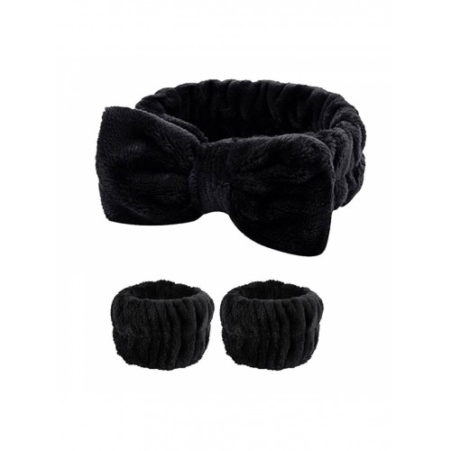 Набір для вмивання косметична пов'язка "Бантик" та напульсники мікрофібра, чорний