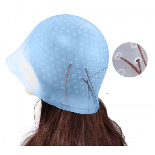 Професійна багаторазова силіконова шапочка для фарбування та мелірування волосся з гачком для колориста блакитна