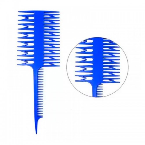Перукарський гребінь для мелірування 3-х сторонній з ручкою M-7005 пластиковий синій
